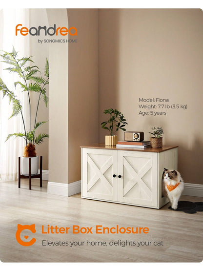 Feandrea Cat Litter Box Enclosure, Litter Box Furniture Hidden With Removable Divider, Indoor Cat House, End Table, 31.5 X 20.9 X 19.7 Inches,Chocolate Brown, Light Grey, White,Ink Black