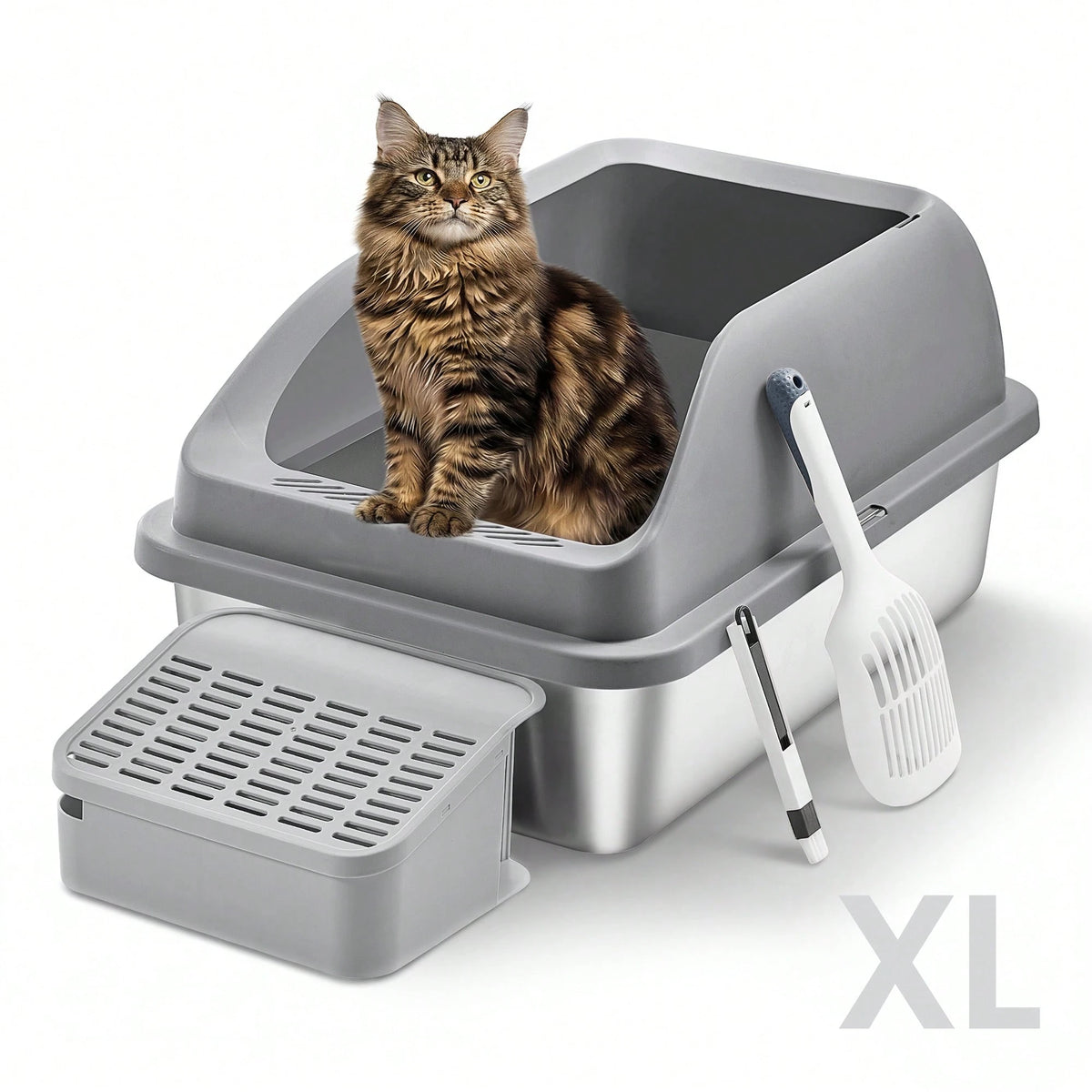 Feandrea Stainless Steel Cat Litter Box With Open Top, High Sided Litter Tray With Step, Scoop, Brush, For Cats Up To 33 Lb