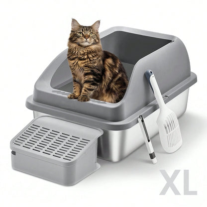 Feandrea Stainless Steel Cat Litter Box With Open Top, High Sided Litter Tray With Step, Scoop, Brush, For Cats Up To 33 Lb