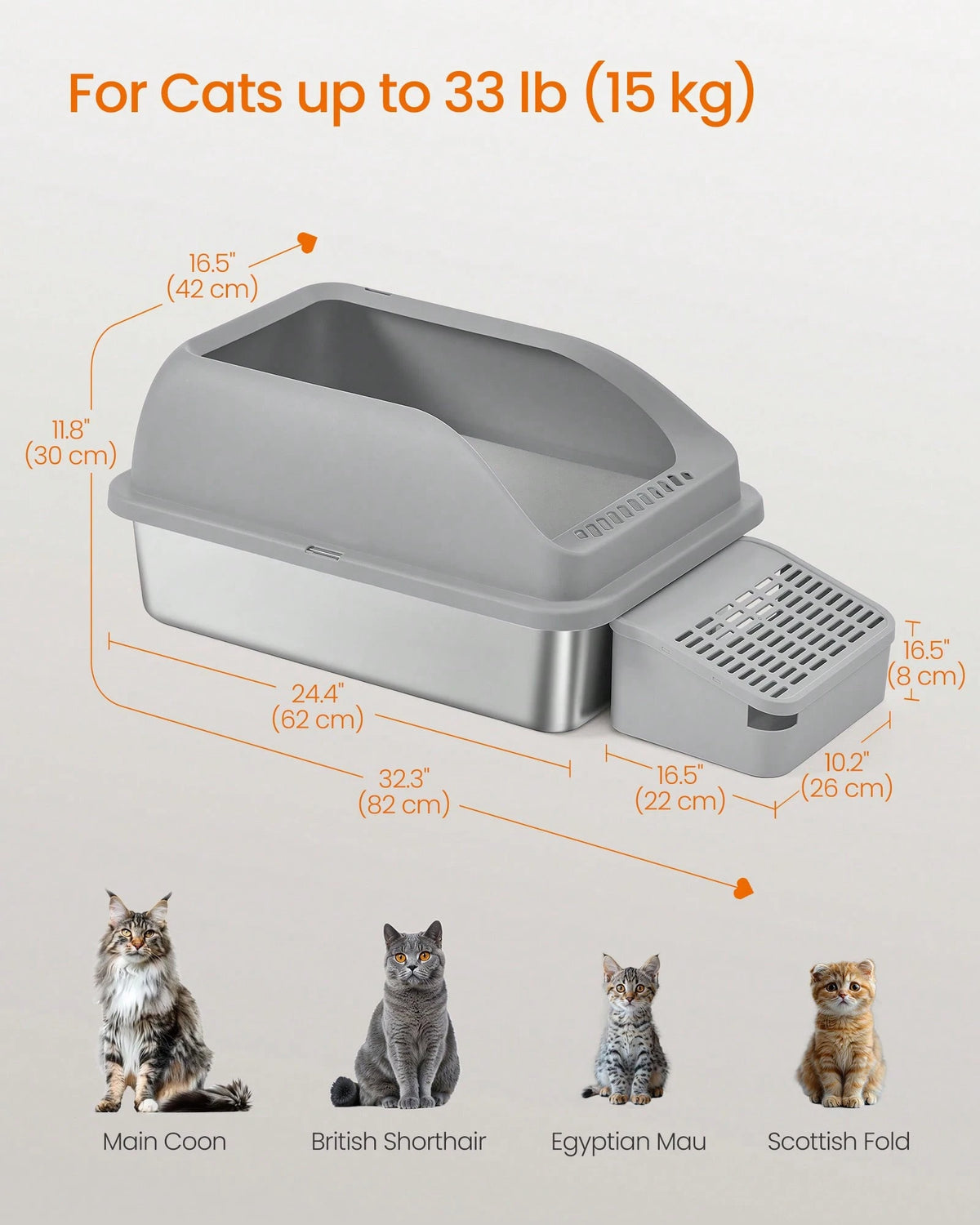 Feandrea Stainless Steel Cat Litter Box With Open Top, High Sided Litter Tray With Step, Scoop, Brush, For Cats Up To 33 Lb