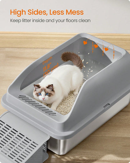 Feandrea Stainless Steel Cat Litter Box With Open Top, High Sided Litter Tray With Step, Scoop, Brush, For Cats Up To 33 Lb