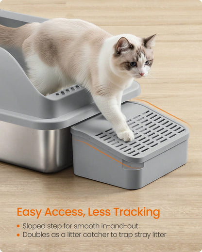 Feandrea Stainless Steel Cat Litter Box With Open Top, High Sided Litter Tray With Step, Scoop, Brush, For Cats Up To 33 Lb