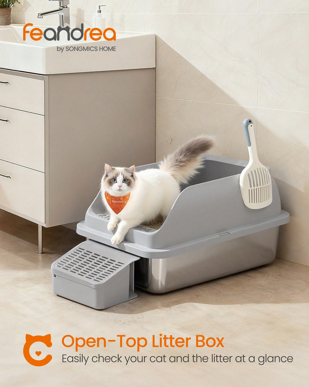 Feandrea Stainless Steel Cat Litter Box With Open Top, High Sided Litter Tray With Step, Scoop, Brush, For Cats Up To 33 Lb