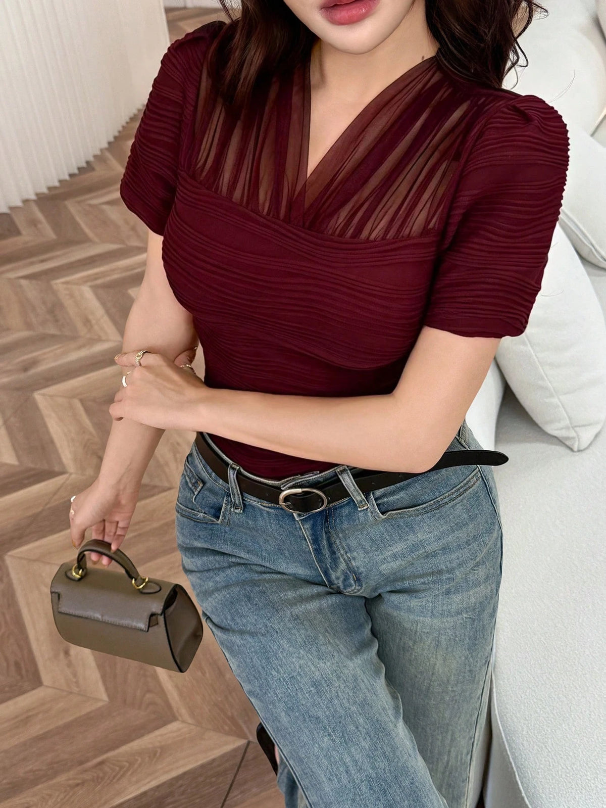 Feyla New Design Patchwork Sheer Mesh Form-Fitting Short Sleeve Top