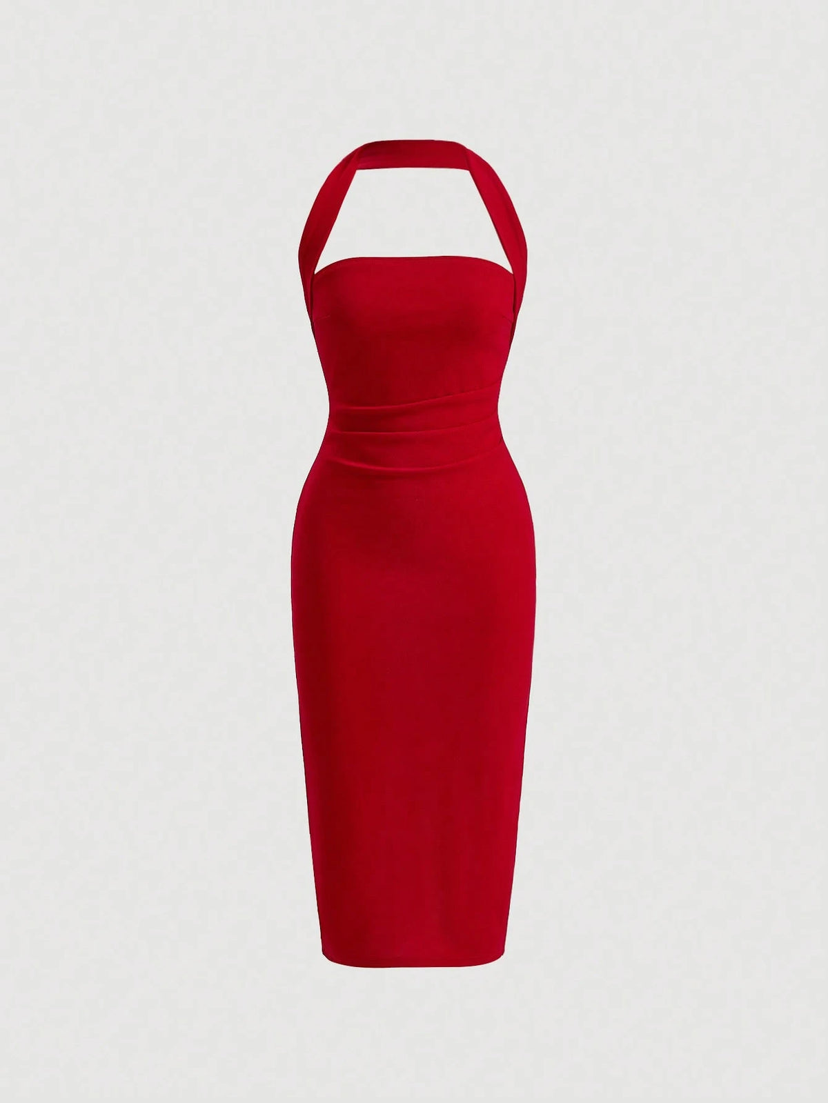 Firerie Solid Ruched Halter Neck Backless Bodycon Dress