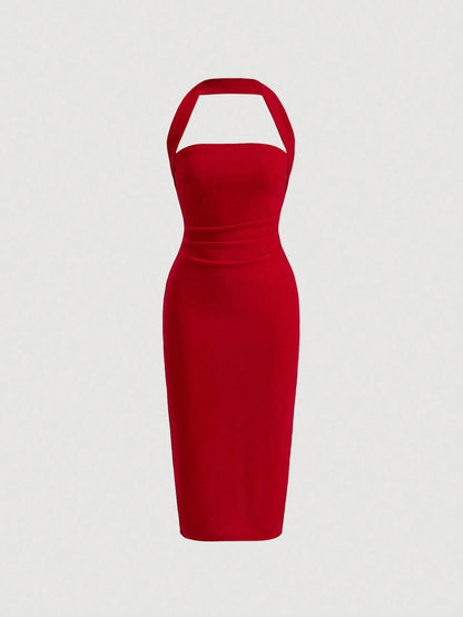 Firerie Solid Ruched Halter Neck Backless Bodycon Dress