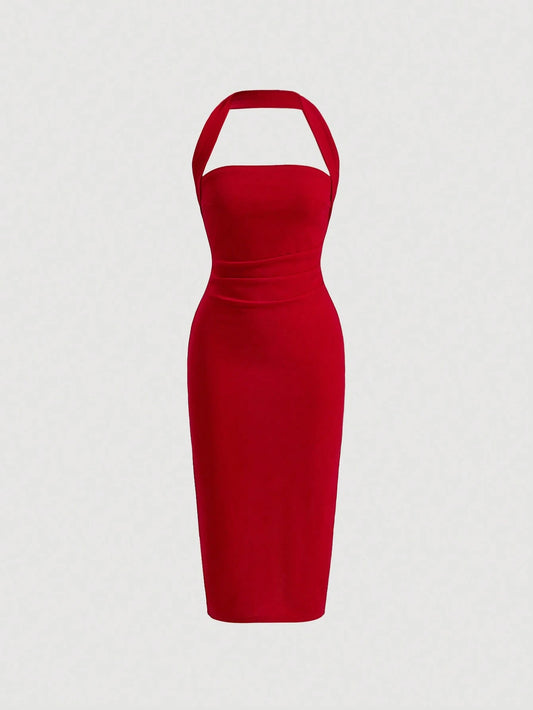 Firerie Solid Ruched Halter Neck Backless Bodycon Dress