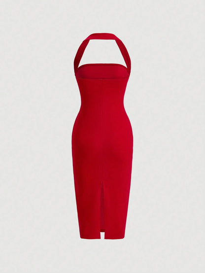 Firerie Solid Ruched Halter Neck Backless Bodycon Dress