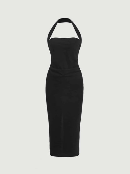 Firerie Solid Ruched Halter Neck Backless Bodycon Dress