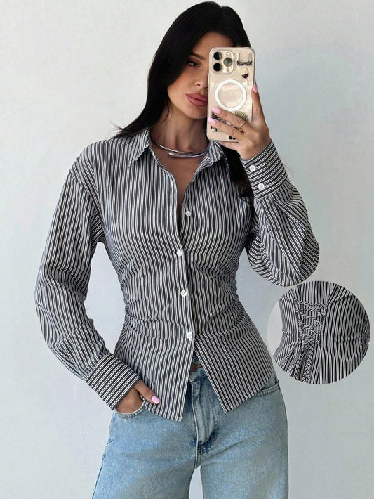 Firerie Women's Black And White Checkered Long Sleeve Tie-Waist Shirt, Elegant Smart Casual French Business Casual Office Work Teachers' Day Autumn