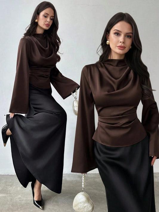 Firerie Women's Elegant Dark Brown Autumn Faux Silk Satin Long-Sleeved Shirt,Glossy Vintage Bell Sleeve Blouse For Office,Business Commuter & New Year's Look