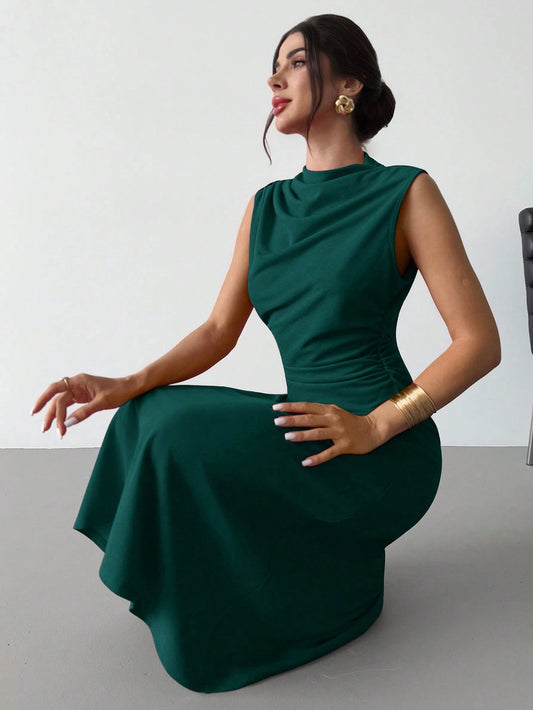 Firerie Women's Elegant Dark Green Modest Maxi Dress,Autumn Wedding Guest Dress For Dining,Minimalist Pleated A-Line Sweet Fashion Summer Outfits