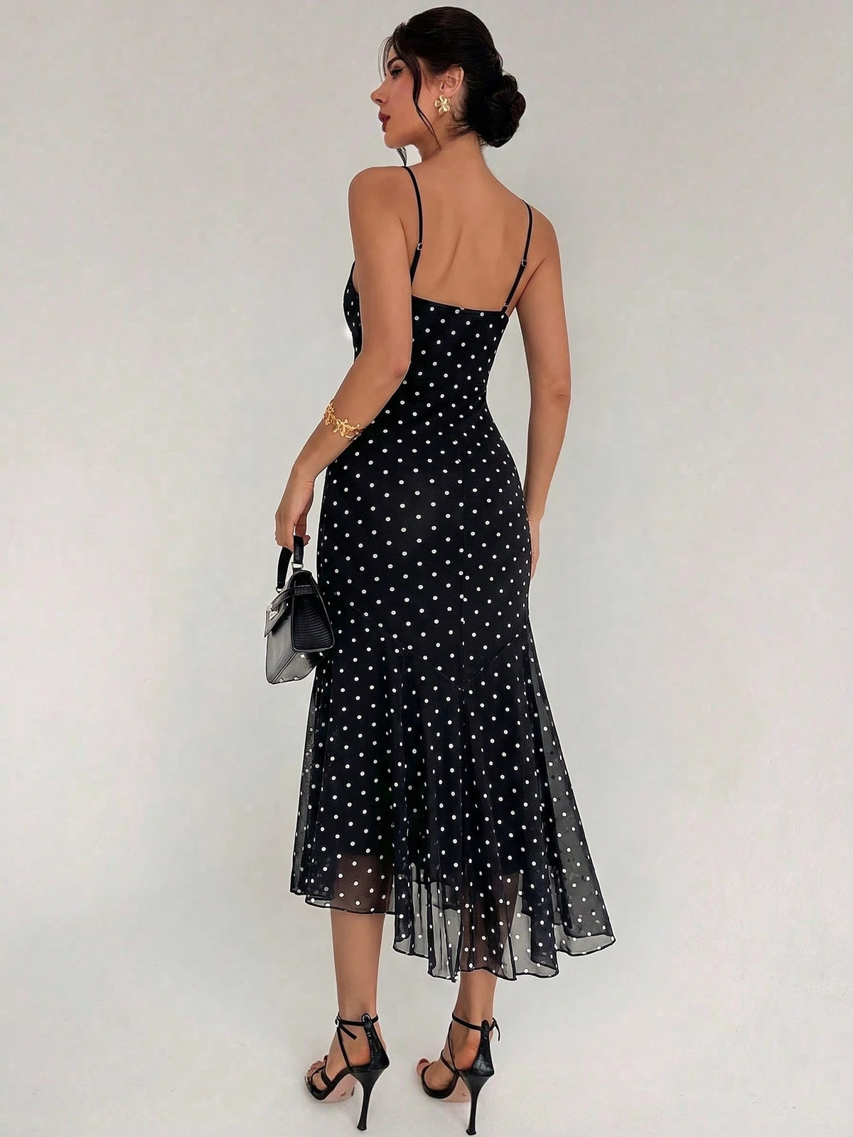Firerie Women's Polka Dot Print Lace Patchwork Vacation Spaghetti Strap Dress Vacation Black And White Polka Dot Summer Romantic