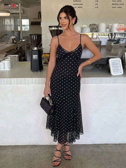 Firerie Women's Polka Dot Print Lace Patchwork Vacation Spaghetti Strap Dress Vacation Black And White Polka Dot Summer Romantic