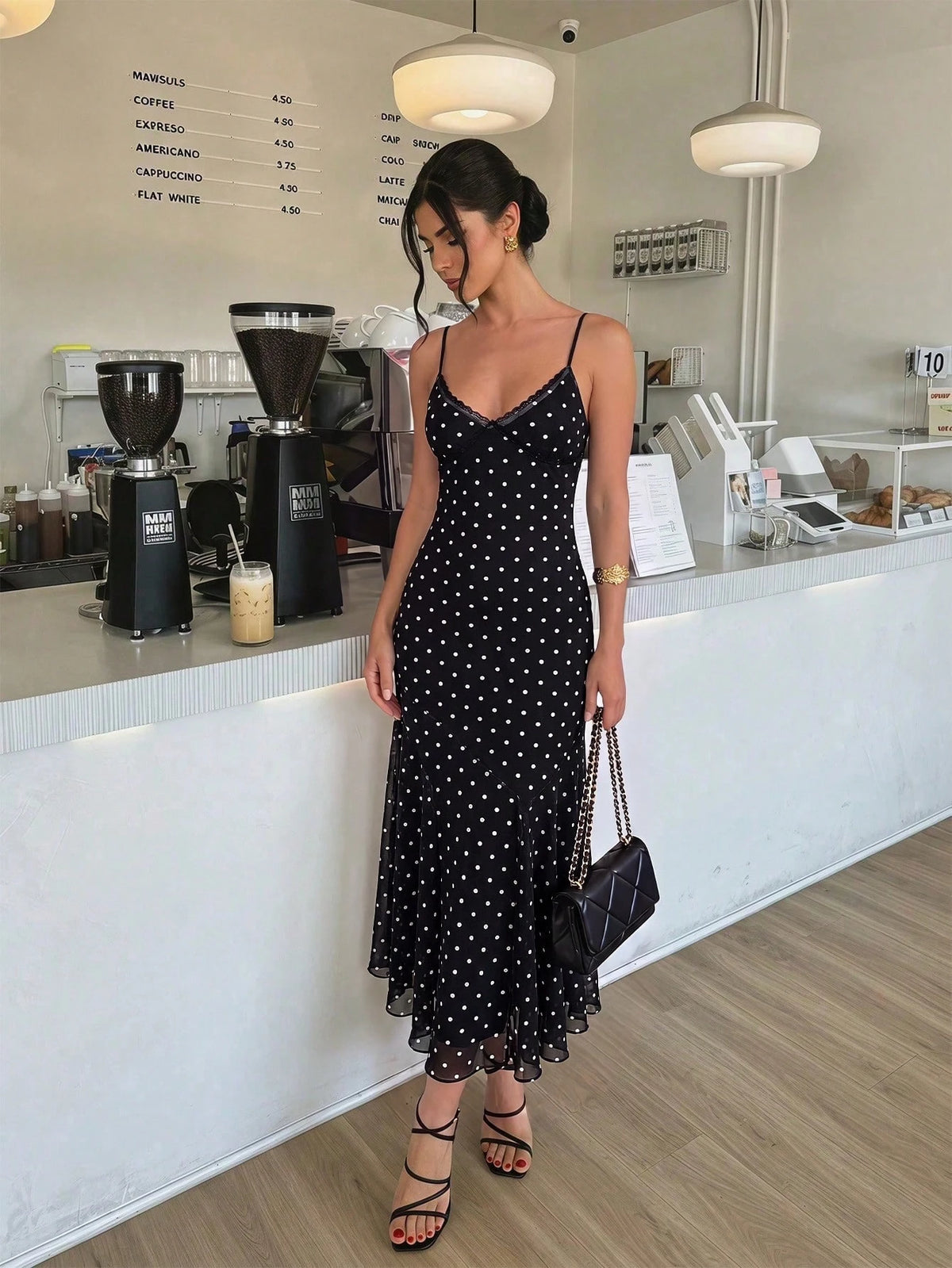 Firerie Women's Polka Dot Print Lace Patchwork Vacation Spaghetti Strap Dress Vacation Black And White Polka Dot Summer Romantic