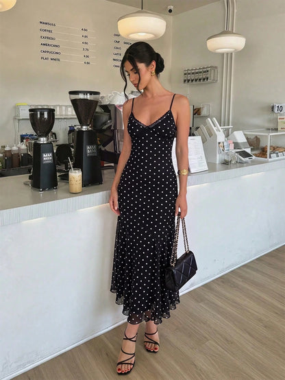 Firerie Women's Polka Dot Print Lace Patchwork Vacation Spaghetti Strap Dress Vacation Black And White Polka Dot Summer Romantic