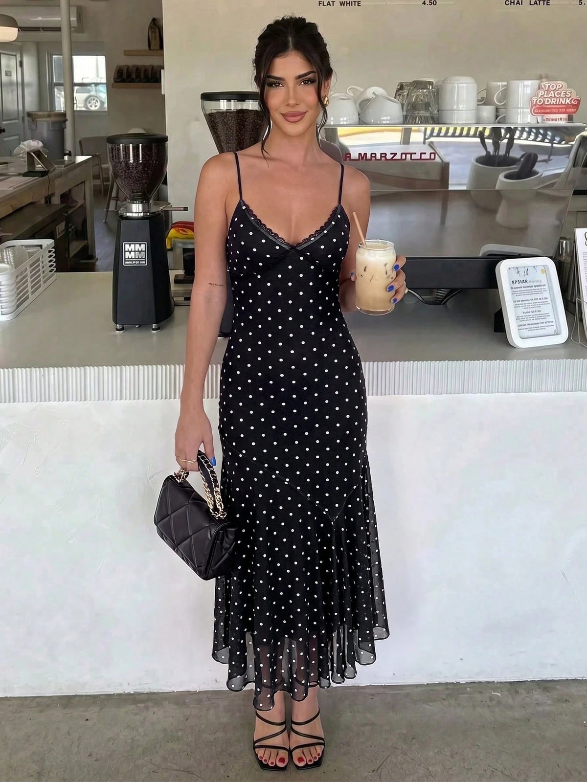 Firerie Women's Polka Dot Print Lace Patchwork Vacation Spaghetti Strap Dress Vacation Black And White Polka Dot Summer Romantic