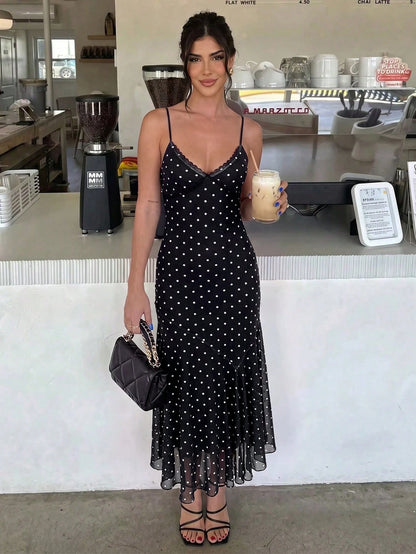 Firerie Women's Polka Dot Print Lace Patchwork Vacation Spaghetti Strap Dress Vacation Black And White Polka Dot Summer Romantic