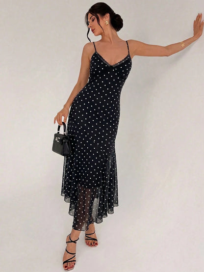 Firerie Women's Polka Dot Print Lace Patchwork Vacation Spaghetti Strap Dress Vacation Black And White Polka Dot Summer Romantic