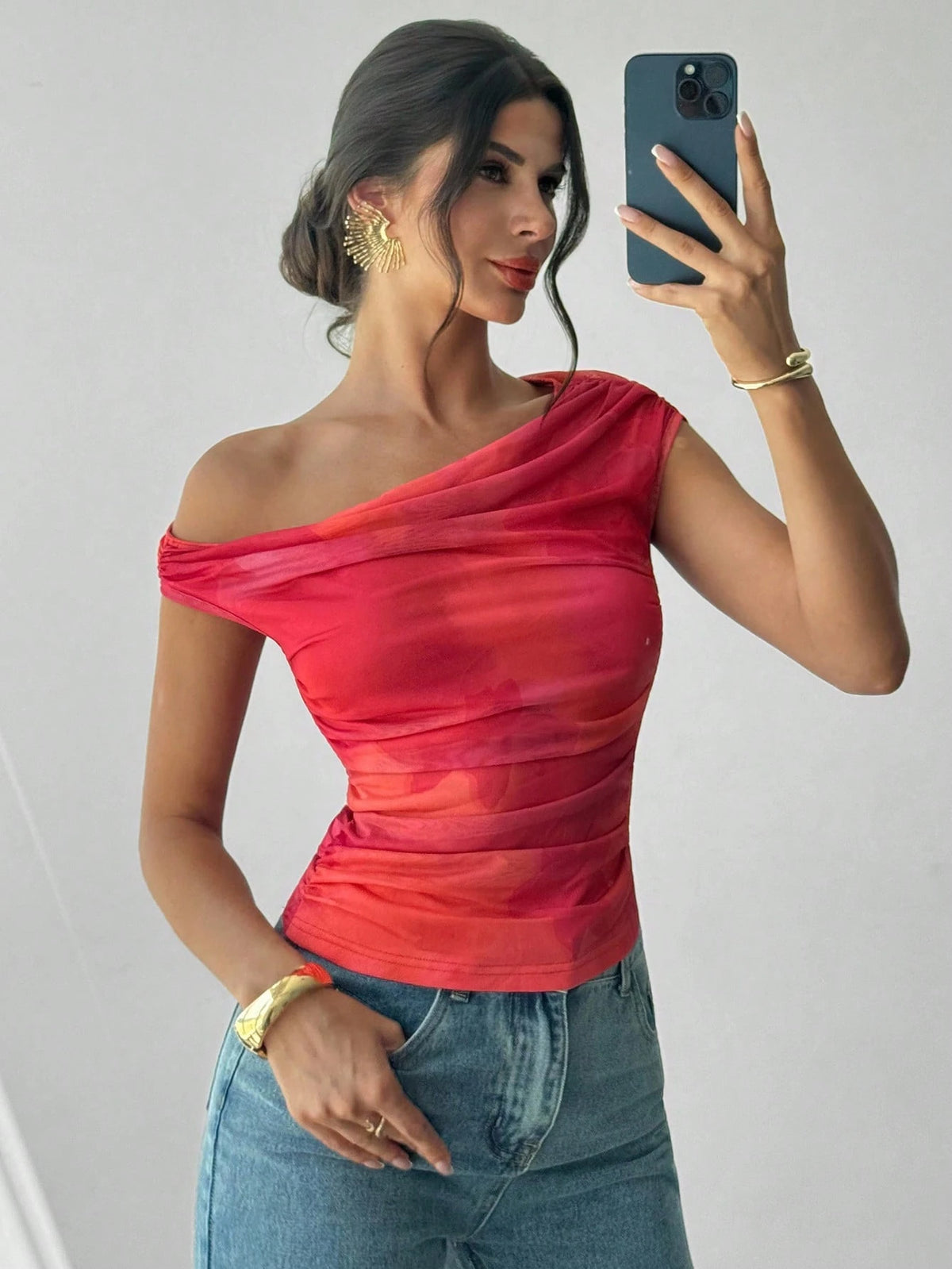 Firerie Women's Red Sequin Pleated Asymmetrical Neck T-Shirt, Floral Print Oblique Shoulder Blouse, Summer Sexy Chic Night Out Party Elegant Boho Holiday Top