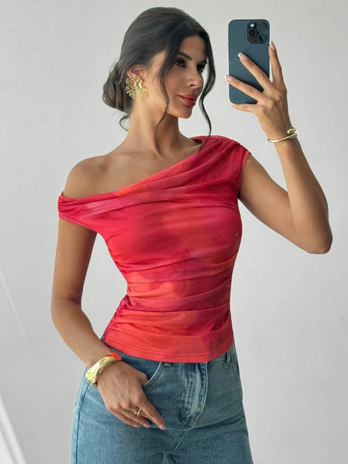 Firerie Women's Red Sequin Pleated Asymmetrical Neck T-Shirt, Floral Print Oblique Shoulder Blouse, Summer Sexy Chic Night Out Party Elegant Boho Holiday Top