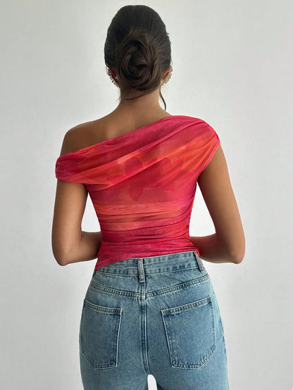 Firerie Women's Red Sequin Pleated Asymmetrical Neck T-Shirt, Floral Print Oblique Shoulder Blouse, Summer Sexy Chic Night Out Party Elegant Boho Holiday Top