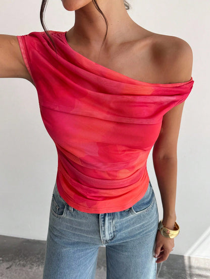 Firerie Women's Red Sequin Pleated Asymmetrical Neck T-Shirt, Floral Print Oblique Shoulder Blouse, Summer Sexy Chic Night Out Party Elegant Boho Holiday Top