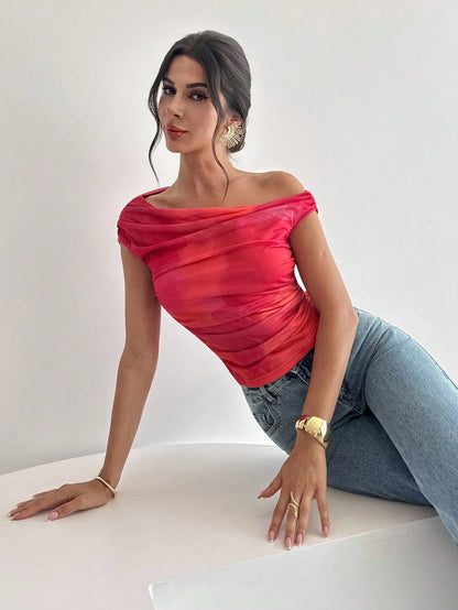 Firerie Women's Red Sequin Pleated Asymmetrical Neck T-Shirt, Floral Print Oblique Shoulder Blouse, Summer Sexy Chic Night Out Party Elegant Boho Holiday Top