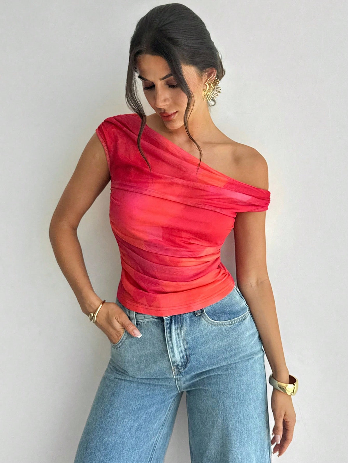 Firerie Women's Red Sequin Pleated Asymmetrical Neck T-Shirt, Floral Print Oblique Shoulder Blouse, Summer Sexy Chic Night Out Party Elegant Boho Holiday Top