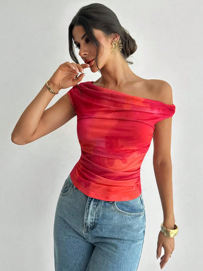 Firerie Women's Red Sequin Pleated Asymmetrical Neck T-Shirt, Floral Print Oblique Shoulder Blouse, Summer Sexy Chic Night Out Party Elegant Boho Holiday Top