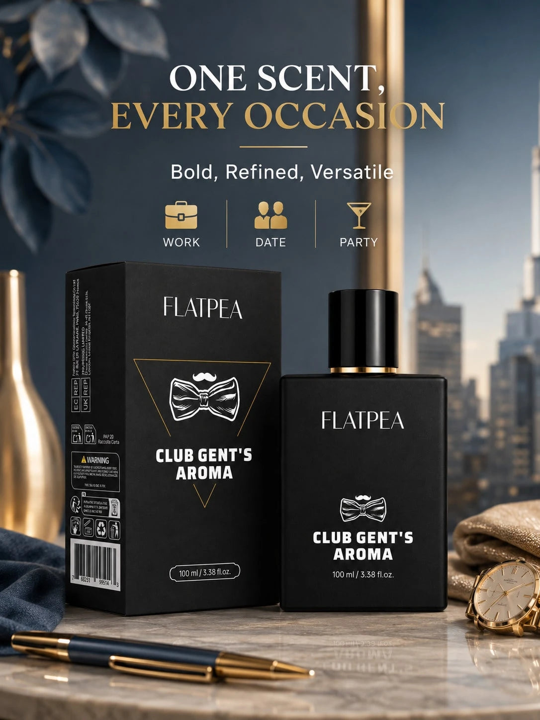 FLATPEA Club Gent's Men's Fragrance Spray 100ml, Luxury Vanilla Woody Fragrance, Long-Lasting Classic Scent, Fine Mist Spray, Elegant Masculine Aroma, Suitable For Neck, Wrists, Body, Shower, Work, Tr