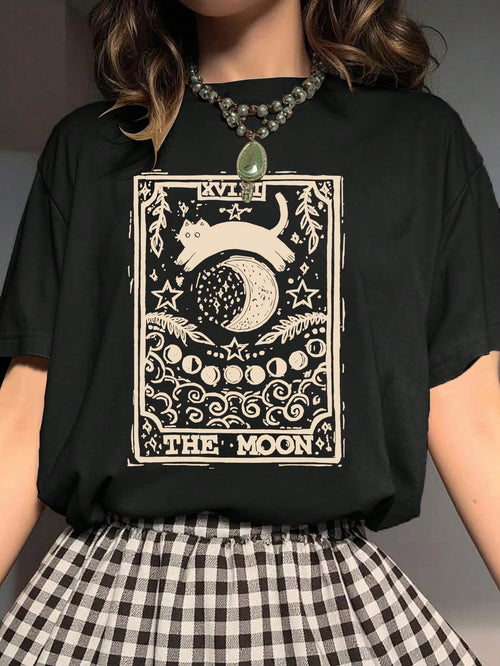 Flirla 5229 Cat & Moon Print Round Neck Short Sleeve T-Shirt, Suitable For Spring And Summer
