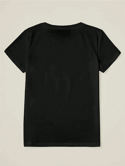 Flirla 5229 Cat & Moon Print Round Neck Short Sleeve T-Shirt, Suitable For Spring And Summer