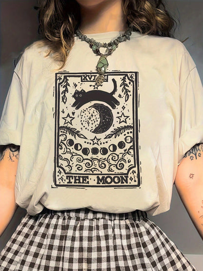 Flirla 5229 Cat & Moon Print Round Neck Short Sleeve T-Shirt, Suitable For Spring And Summer