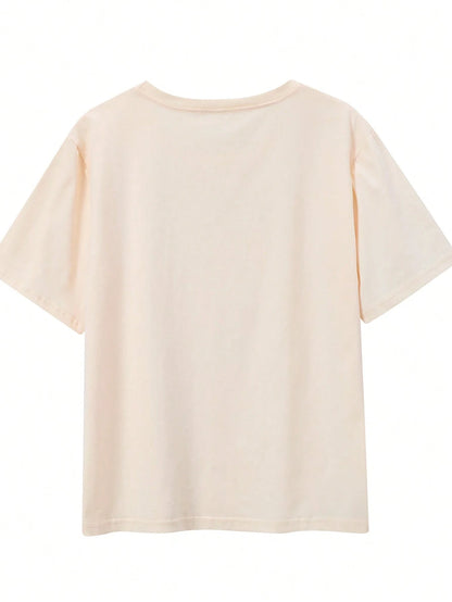 Flirla 5229 Cat & Moon Print Round Neck Short Sleeve T-Shirt, Suitable For Spring And Summer