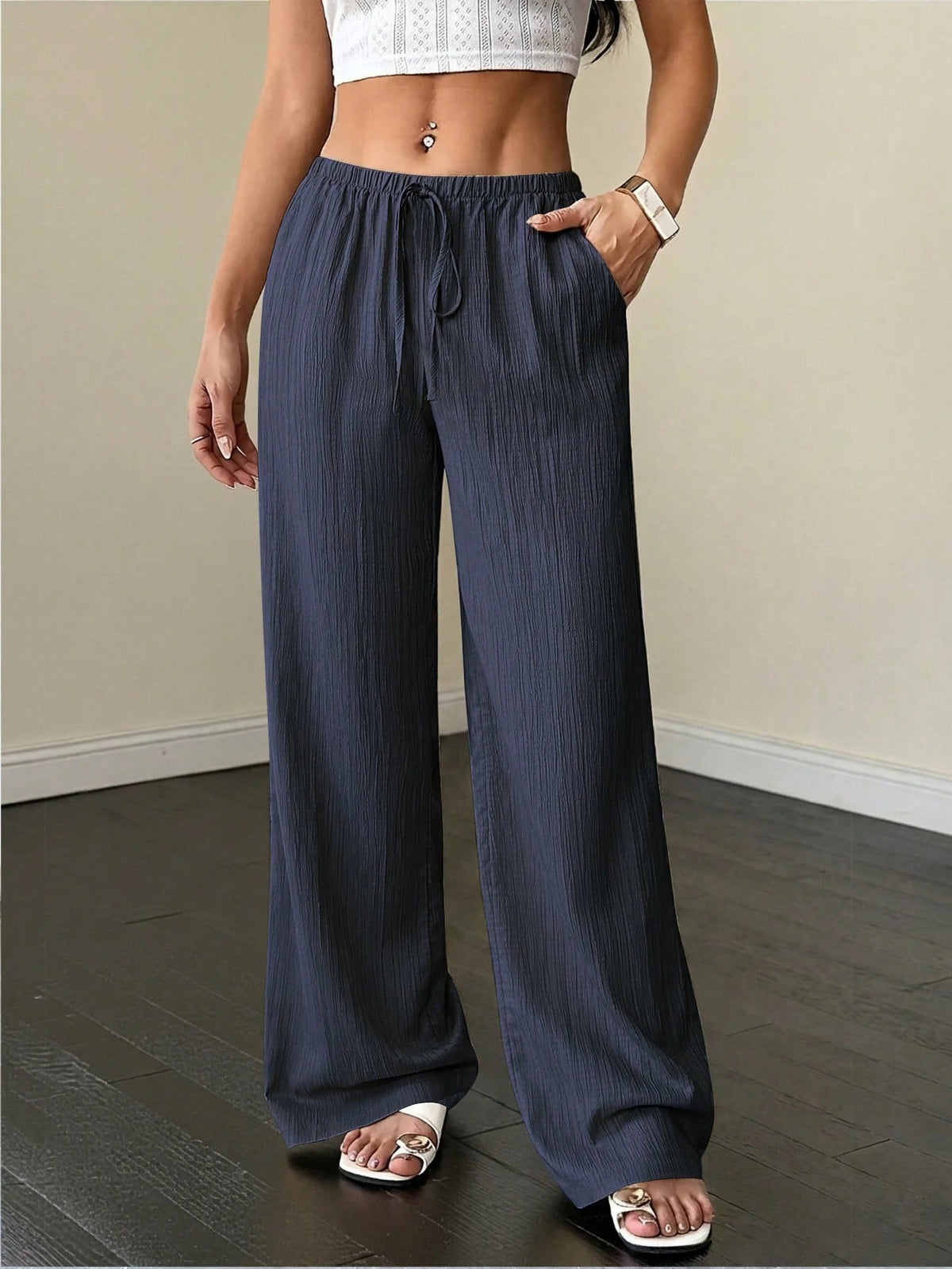 Flirla Petite Women's Trousers, Autumn Bottoms, Textured Fabric, Low Waist Wide Leg Pants, Drawstring, Pockets, Casual Pants,Petite Women
