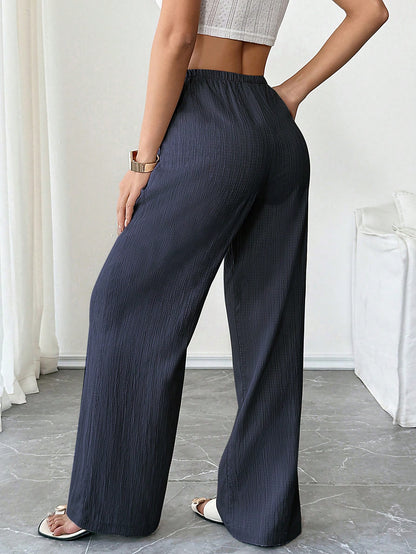 Flirla Petite Women's Trousers, Autumn Bottoms, Textured Fabric, Low Waist Wide Leg Pants, Drawstring, Pockets, Casual Pants,Petite Women