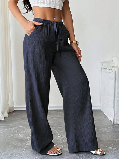 Flirla Petite Women's Trousers, Autumn Bottoms, Textured Fabric, Low Waist Wide Leg Pants, Drawstring, Pockets, Casual Pants,Petite Women