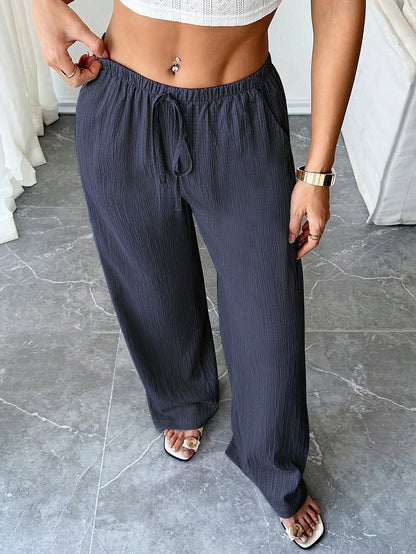Flirla Petite Women's Trousers, Autumn Bottoms, Textured Fabric, Low Waist Wide Leg Pants, Drawstring, Pockets, Casual Pants,Petite Women