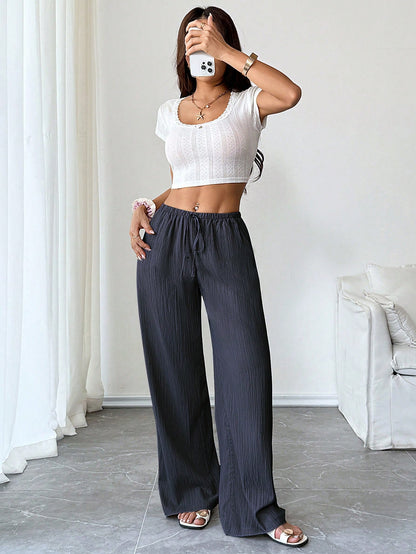Flirla Petite Women's Trousers, Autumn Bottoms, Textured Fabric, Low Waist Wide Leg Pants, Drawstring, Pockets, Casual Pants,Petite Women