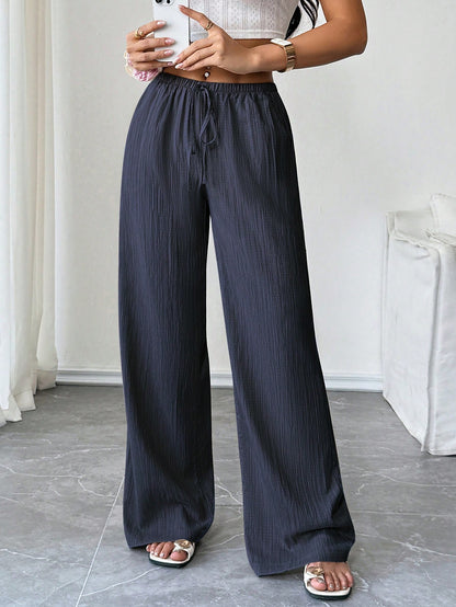 Flirla Petite Women's Trousers, Autumn Bottoms, Textured Fabric, Low Waist Wide Leg Pants, Drawstring, Pockets, Casual Pants,Petite Women