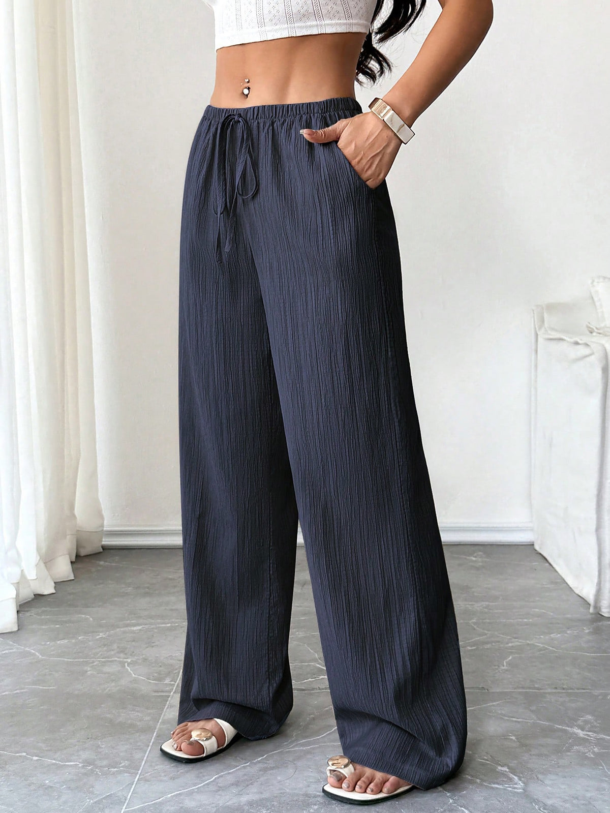Flirla Petite Women's Trousers, Autumn Bottoms, Textured Fabric, Low Waist Wide Leg Pants, Drawstring, Pockets, Casual Pants,Petite Women