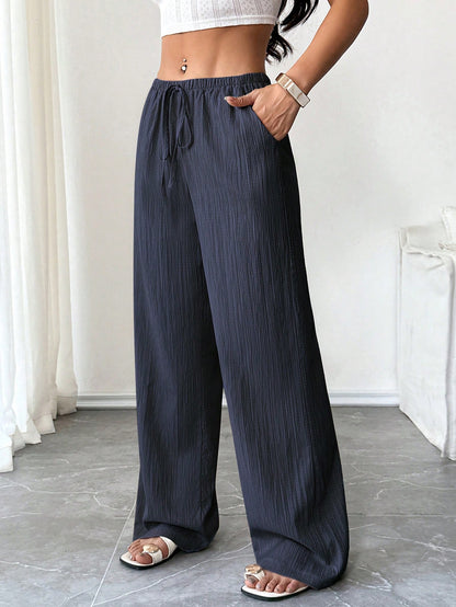 Flirla Petite Women's Trousers, Autumn Bottoms, Textured Fabric, Low Waist Wide Leg Pants, Drawstring, Pockets, Casual Pants,Petite Women