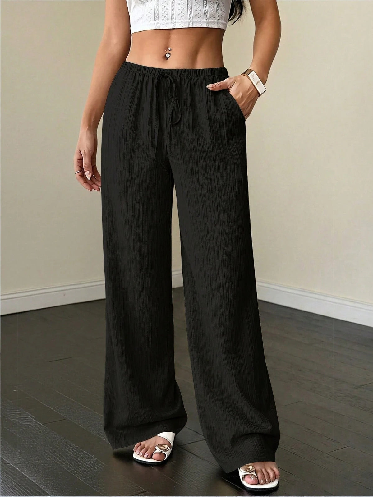 Flirla Petite Women's Trousers, Autumn Bottoms, Textured Fabric, Low Waist Wide Leg Pants, Drawstring, Pockets, Casual Pants,Petite Women