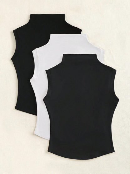 Flirla Spring/Summer Casual Solid Color Stand Collar Sleeveless T-Shirt