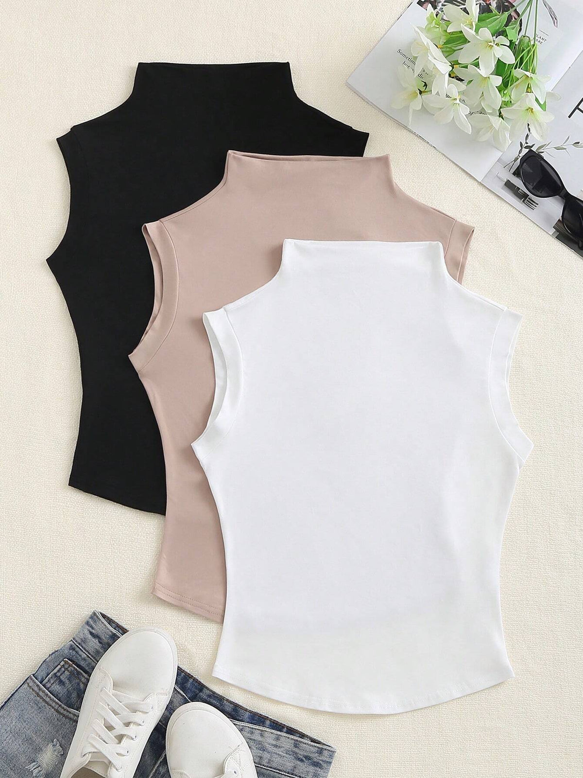 Flirla Spring/Summer Casual Solid Color Stand Collar Sleeveless T-Shirt