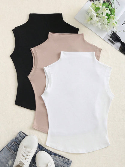 Flirla Spring/Summer Casual Solid Color Stand Collar Sleeveless T-Shirt