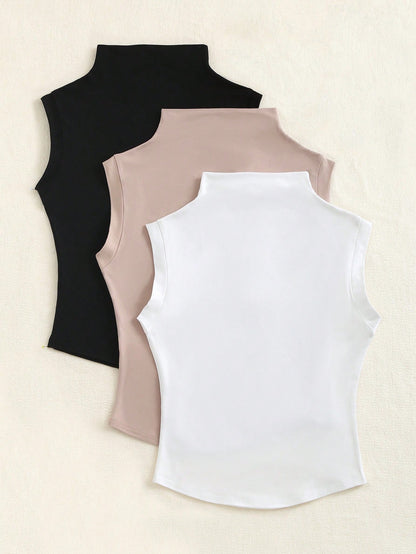 Flirla Spring/Summer Casual Solid Color Stand Collar Sleeveless T-Shirt