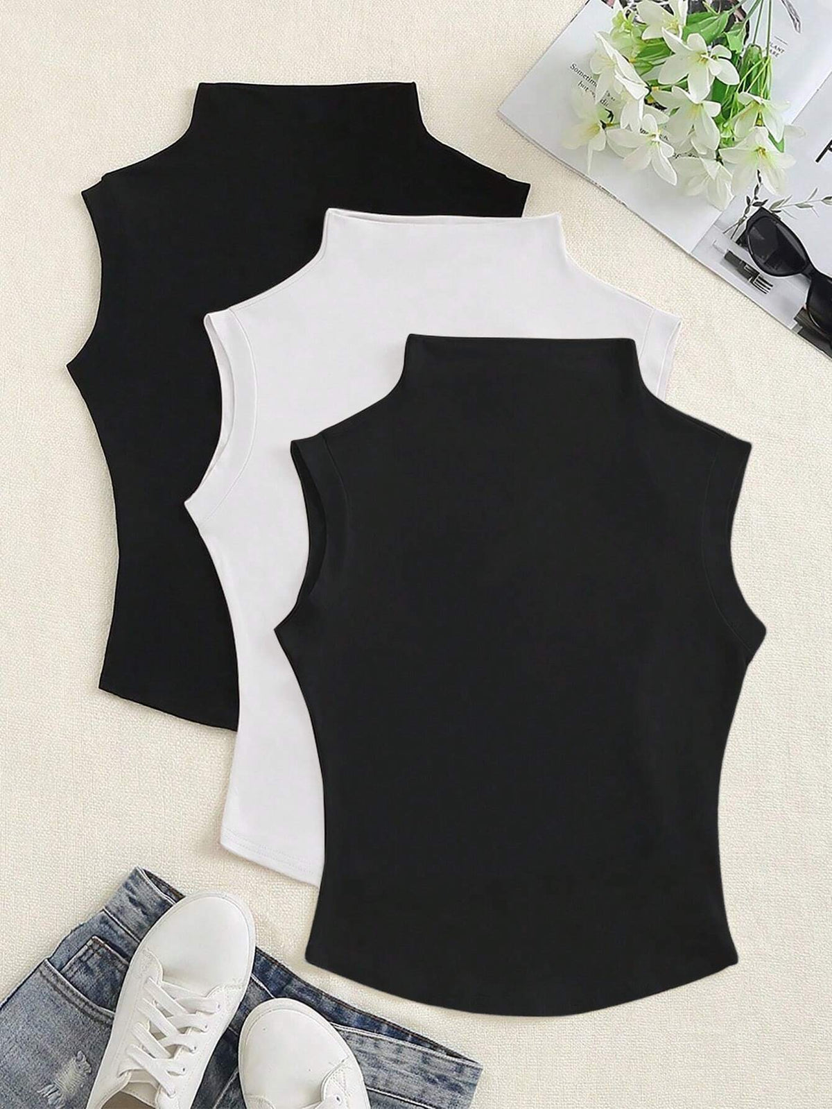Flirla Spring/Summer Casual Solid Color Stand Collar Sleeveless T-Shirt