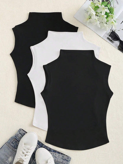 Flirla Spring/Summer Casual Solid Color Stand Collar Sleeveless T-Shirt